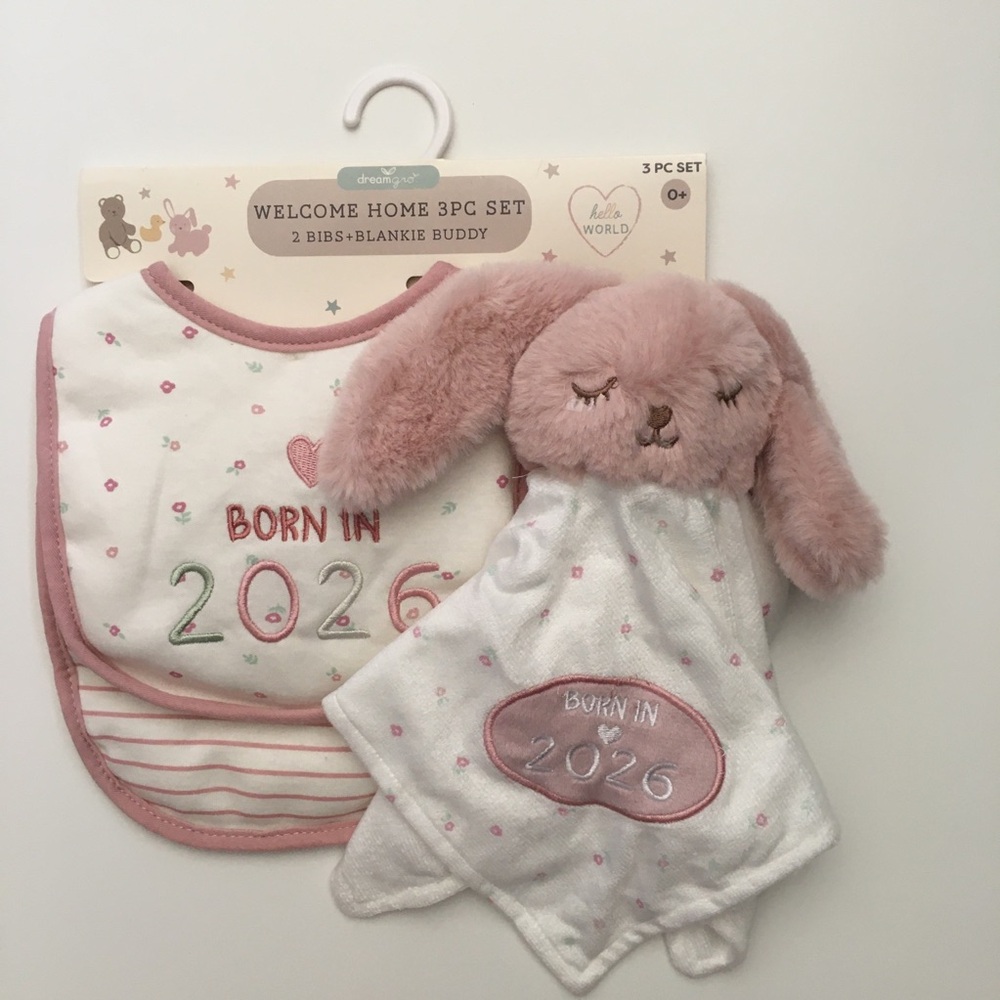 Born in 2026 Welcome Home 3-Piece Baby Set Bibs and Pink Bunny Lovey | DreamGro